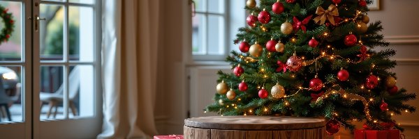 Boże Narodzenie, Podium, Okno, Grafika AI, Prezenty, Choinka