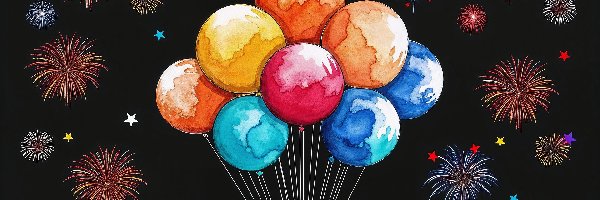 Kolorowe, Grafika, Balony, Fajerwerki