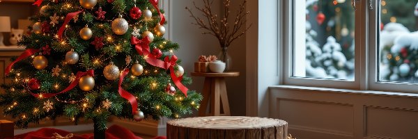 Boże Narodzenie, Podium, Okno, Grafika AI, Prezenty, Choinka