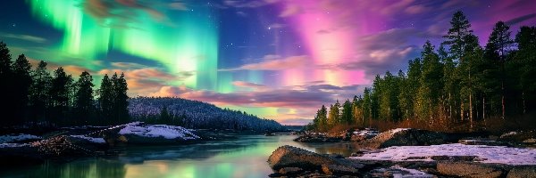 Rzeka, Drzewa, Głazy, Grafika AI, Zorza polarna