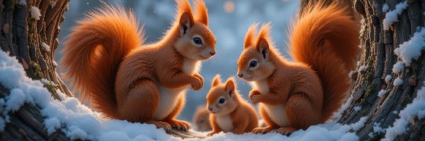 Lampiony, Zima, Śnieg, AI, Dziupla, Wiewiórki