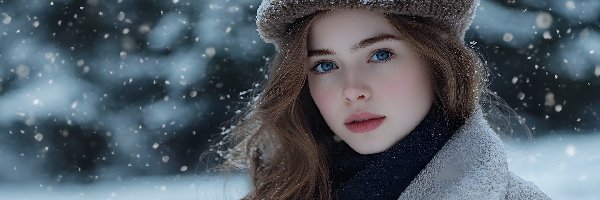 Płaszcz, Szatynka, Ośnieżona, Długowłosa, Kobieta, Szal, Czapka