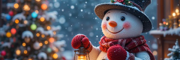 Rękawiczki, Kapelusz, Bałwanek, Girlandy, Zima, Śnieg, Szalik, Prezenty, Choinka, AI, Latarnia, Świąteczne