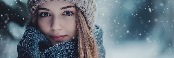 Szal, Ośnieżona, Czapka, Rękawice, Kobieta, Długowłosa