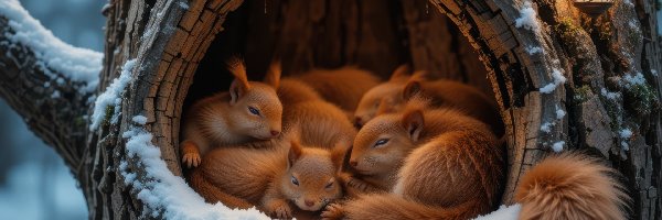 Śnieg, Drzewo, Dziupla, Lampka, Wiewiórki, Rude