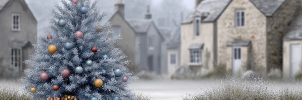 Boże Narodzenie, Domy, Choinka, Grafika AI, Prezenty