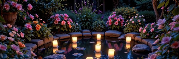 Oczko wodne, Świece, Kwiaty, Ogród