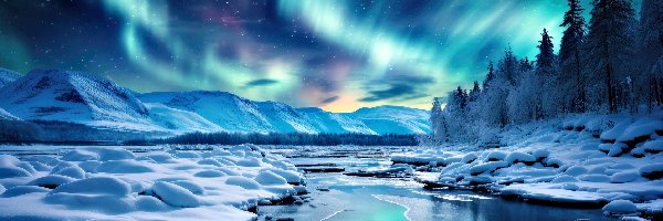 Grafika AI, Rzeka, Ośnieżone, Zima, Zorza polarna, Góry, Drzewa