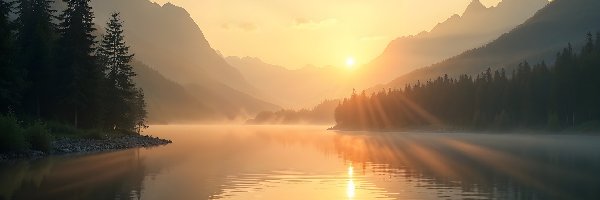 Wschód słońca, Góry, Jezioro, Las, Mgła
