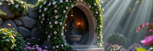 Postać, Figura, Przebijające światło, Kwiaty, Rzeźba, Kobiety, Rośliny, Budowla