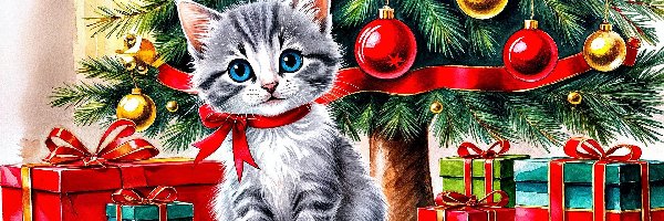 Kot, Bombki, Prezenty, Grafika, Choinka, Boże Narodzenie