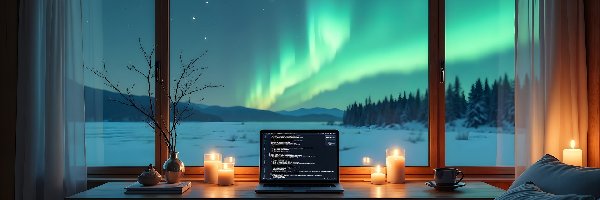 Zorza polarna, Świece, Laptop, Okno, Stół