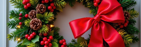 Jagody, Szyszki, Grafika AI, Boże Narodzenie, Światełka, Wieniec, Ozdoba, Kokarda