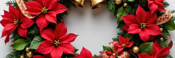 AI, Kwiaty, Gwiazda betlejemska, Boże Narodzenie, Wianek, Dzwonki, Wstążka