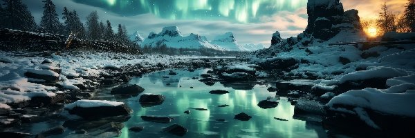 Zachód słońca, Zima, Zorza polarna, Odbicie, Skały, Rzeka