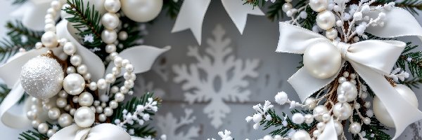 Boże Narodzenie, Białe, Kokardy, Grafika AI, Bombki, Wieniec