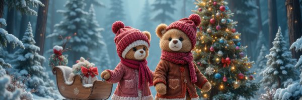 Kożuszki, Misie, Dwa, Udekorowana, Las, Śnieg, Czapki, Choinka, Prezenty, Boże Narodzenie, Sanie, Zima