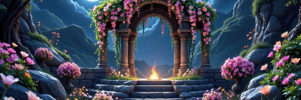 Kamienista, Łuk, Grafika, Kwiaty, Księżyc, Schody, Różowe, Budowla, Noc, Droga