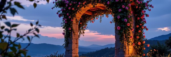 Rośliny, Różowe, Kwiaty, Góry, Łuk, Murowany
