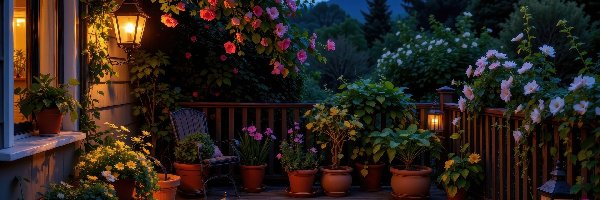 Dom, Lampiony, Taras, Kwiaty, Kolorowe