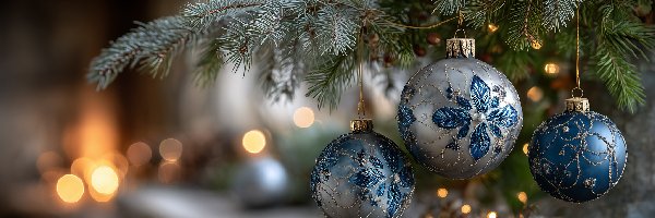 Narodzenie, Jodła, Boże, Grafika AI, Bombki, Niebieskie