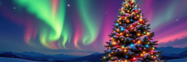 Udekorowana, Pole, AI, Boże Narodzenie, Śnieg, Choinka, Zorza polarna, Zima