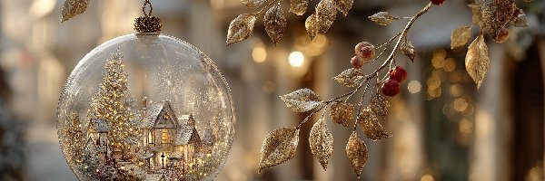 Gałązki, Złote, Liście, Grafika AI, Bombka, Boże Narodzenie