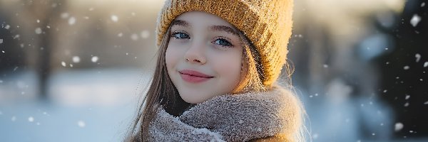 Długowłosa, Czapka, Dziewczynka, Zima, Szal