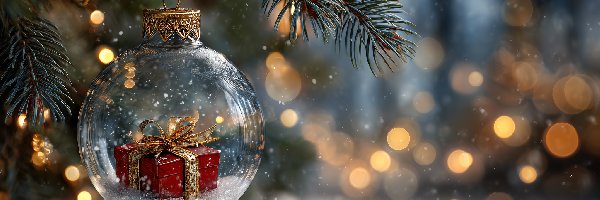 Boże Narodzenie, Prezent, Bombka, Grafika AI, Świerk