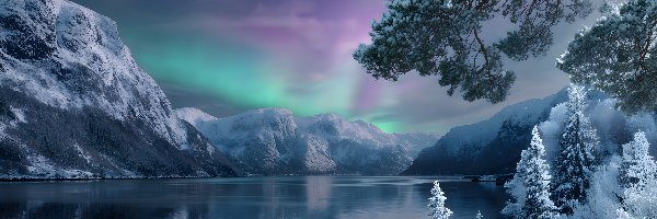 Zorza polarna, Drzewa, Góry, Grafika AI, Jezioro, Zima