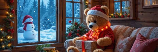 Bałwanek, Miś pluszowy, Prezent, Kanapa, Świąteczne, Zima, Okno
