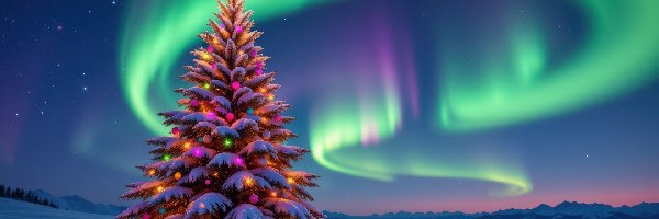 Choinka, Zorza polarna, Zima, Boże Narodzenie