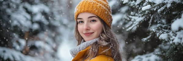 Miodowa, Kobieta, Gałązki, Ośnieżone, Szatynka, Kurtka, Czapka, Zima