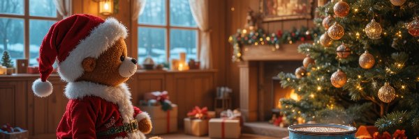 Udekorowana, Czapka, Pluszowy miś, Filiżanka, Kominek, Okna, Płaszczyk, Stolik, Prezenty, AI, Choinka, Boże Narodzenie