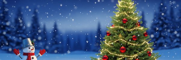 Las, Bałwanek, Choinka, Udekorowana, Boże Narodzenie, Zima, Śnieg, Prezenty, Noc