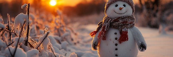 Ośnieżone, Śnieg, Czapka, Szal, Bałwan, Al, Zachód słońca, Zima, Rośliny