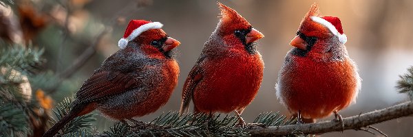 Mikołaja, Kardynały, Czapki, Grafika AI, Ptaki, Trzy