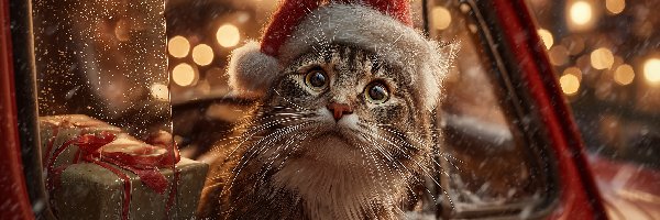 Grafika AI, Mikołaja, Samochód, Czapla, Kot, Prezent, Okno