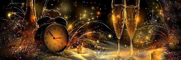 Zegar, Szampan, Kieliszki, Grafika AI, Nowy Rok
