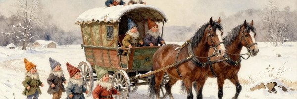 Zima, Konie, Wóz, Grafika, Skrzaty
