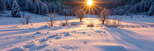 Las, Pole, Grafika AI, Poranek, Drzewa, Góry, Wschód słońca, Zima