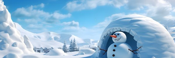 AI, Bałwan, Zaspy, Igloo, Zima, Drzewa, Śnieżne