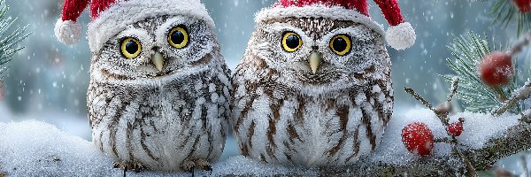 Zima, Czapki, Gałązki, Grafika AI, Sowy, Dwie