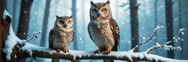 Zima, Dwie, Las, Gałąź, Sowy