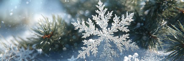 Śnieżynka, Śnieg, Sosna, Grafika AI, Zima