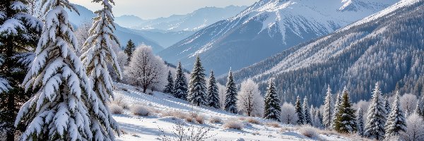 Zima, Stok, Drzewa, Grafika AI, Góry