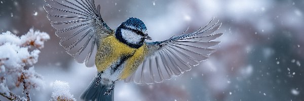 Sikora modraszka, Gałązka, Skrzydła, Grafika AI, Zima