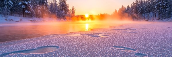 Ośnieżone, Zaśnieżona, Rzeka, Drzewa, Wschód słońca, Zima