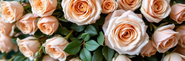 Rozwinięte, Listki, Róże, Brzoskwiniowe