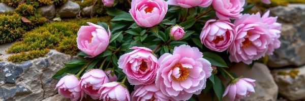 Piwonie, Mech, Kamienie, Różowe